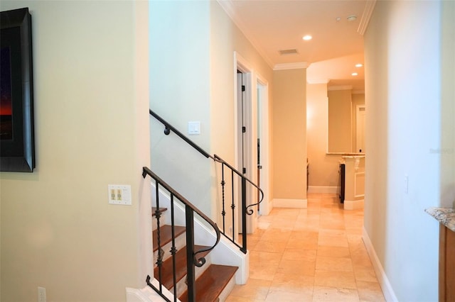 11013 Ullswater Ln, Windermere, FL 34786 - hall with ornamental molding, recessed lighting, baseboards, and an upstairs landing