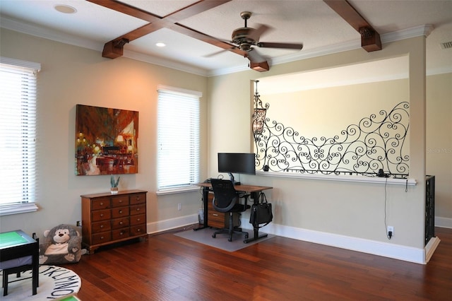 11013 Ullswater Ln, Windermere, FL 34786 - office area with wood finished floors, ceiling fan, beam ceiling, baseboards, and crown molding