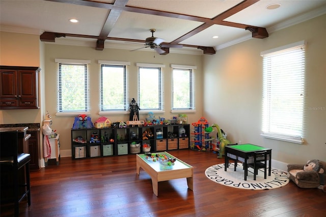 11013 Ullswater Ln, Windermere, FL 34786 - game room featuring coffered ceiling, ceiling fan, plenty of natural light, dark wood-style floors, and baseboards