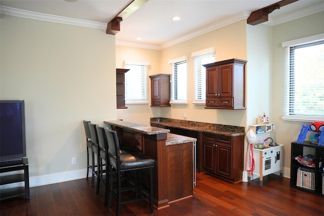 11013 Ullswater Ln, Windermere, FL 34786 - bar with dark wood-type flooring, ornamental molding, baseboards, and recessed lighting