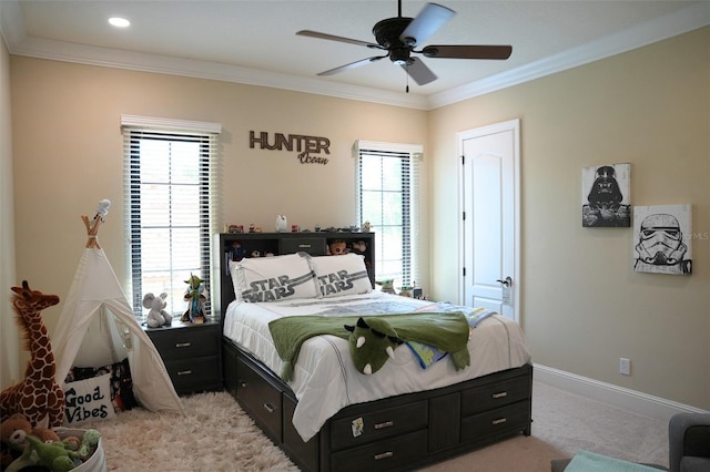 11013 Ullswater Ln, Windermere, FL 34786 - bedroom with light colored carpet, crown molding, baseboards, and a ceiling fan