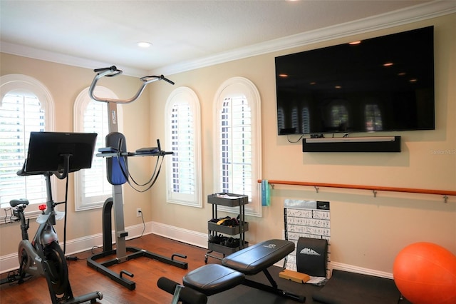 11013 Ullswater Ln, Windermere, FL 34786 - exercise area with wood finished floors, ornamental molding, baseboards, and recessed lighting