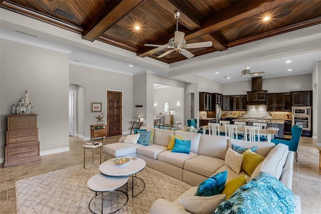 11755 Waterstone Loop Dr, Windermere, FL 34786 - living room with wood ceiling, a ceiling fan, beamed ceiling, recessed lighting, and baseboards