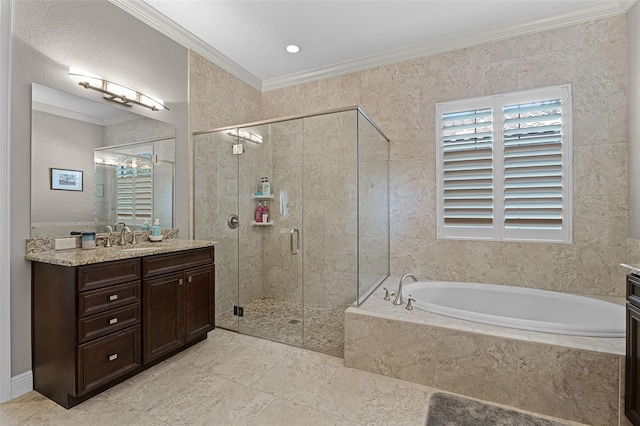 11755 Waterstone Loop Dr, Windermere, FL 34786 - bathroom with ornamental molding, a shower stall, a bath, and vanity