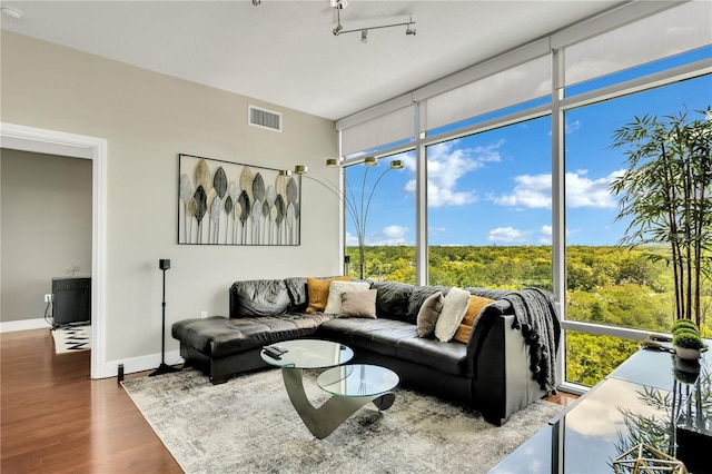 101 S Eola Dr Unit 810, Orlando, FL 32801 - living room featuring wood finished floors, expansive windows, and baseboards