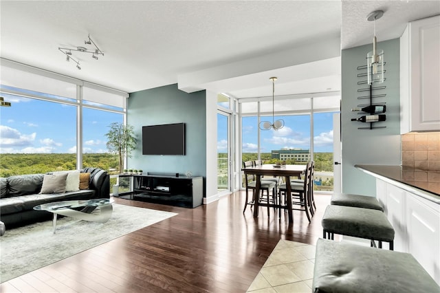 101 S Eola Dr Unit 810, Orlando, FL 32801 - living room featuring a wall of windows, dark wood-style floors, a textured ceiling, and a chandelier