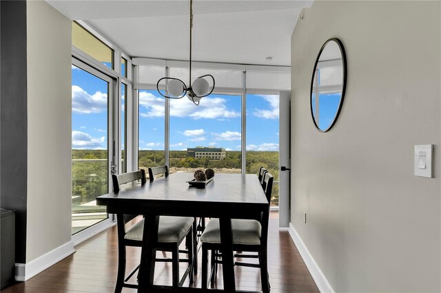 101 S Eola Dr Unit 810, Orlando, FL 32801 - dining room with floor to ceiling windows, a chandelier, dark wood-type flooring, and baseboards