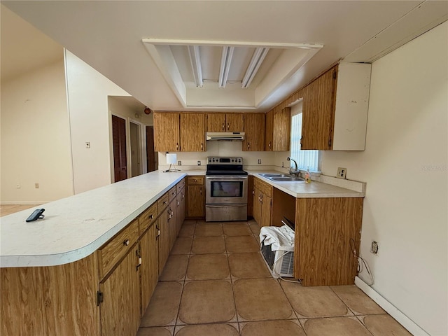 kitchen with stainless steel range with electric cooktop, extractor fan, a peninsula, brown cabinets, and a sink