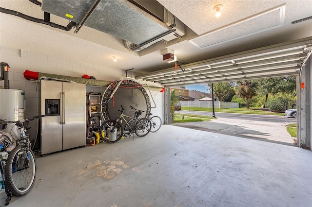 9563 Myrtle Creek Ln, Orlando, FL 32832 - garage featuring stainless steel fridge with ice dispenser, a garage door opener, concrete block wall, and gas water heater