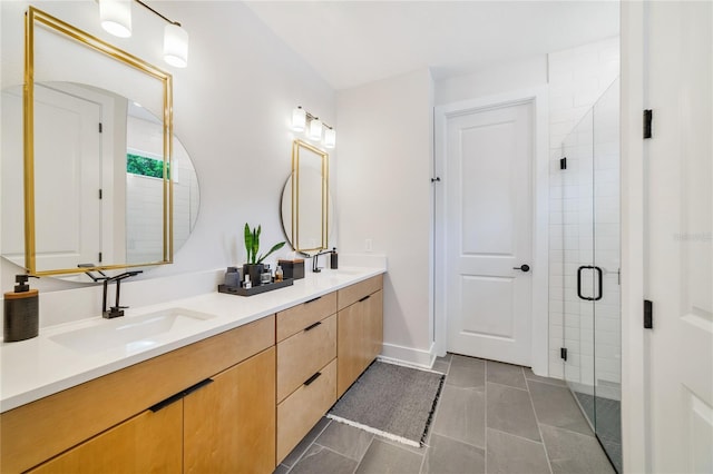 2110 Hillcrest St, Orlando, FL 32803 - bathroom with a shower stall, double vanity, and tile patterned flooring