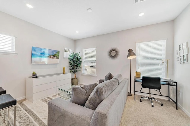 2110 Hillcrest St, Orlando, FL 32803 - living area featuring baseboards, an office area, light carpet, and recessed lighting