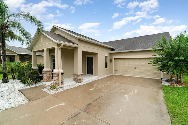 1089 Seburn Rd, Apopka, FL 32703 - view of front of house with stucco siding, concrete driveway, a porch, an attached garage, and a shingled roof
