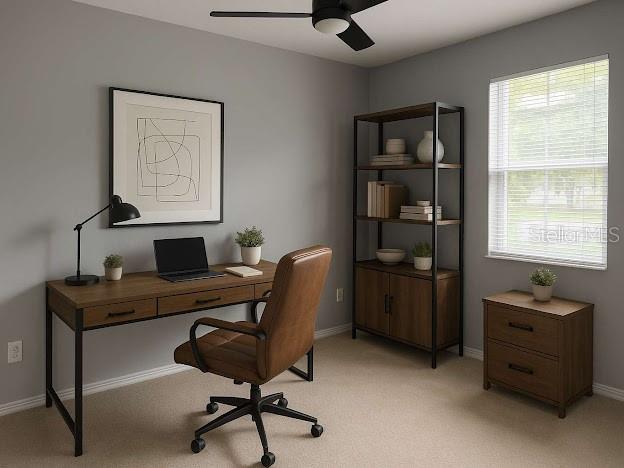 14531 Pleach St, Winter Garden, FL 34787 - office area with ceiling fan, light carpet, and plenty of natural light