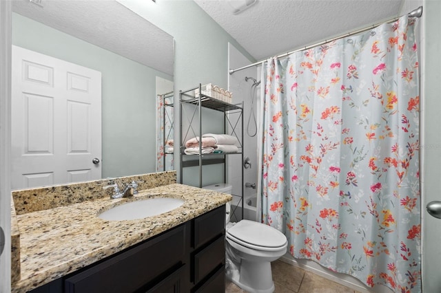 646 Marsh Reed Dr, Winter Garden, FL 34787 - bathroom featuring shower / bathtub combination with curtain, a textured ceiling, toilet, tile patterned floors, and vanity