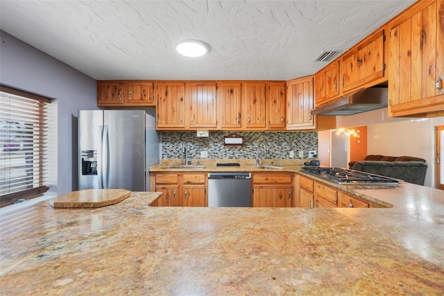 106 8th St, Lake Hamilton, FL 33851 - kitchen featuring appliances with stainless steel finishes, a sink, under cabinet range hood, decorative backsplash, and a textured ceiling