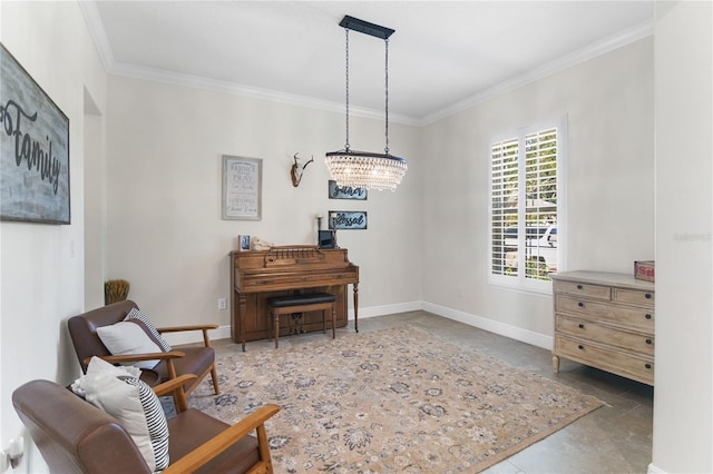 557 Lake Cove Pointe Cir, Winter Garden, FL 34787 - living area featuring crown molding, baseboards, and a chandelier