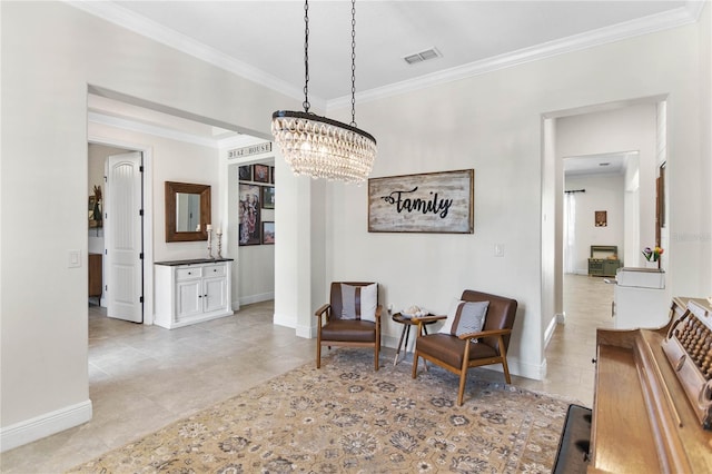 557 Lake Cove Pointe Cir, Winter Garden, FL 34787 - sitting room featuring a chandelier, ornamental molding, baseboards, and light tile patterned flooring