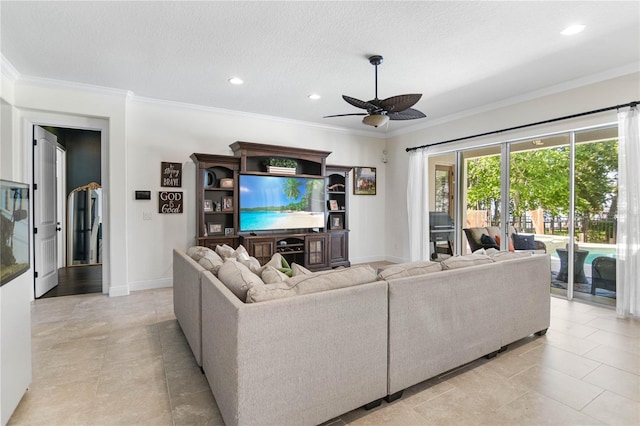 557 Lake Cove Pointe Cir, Winter Garden, FL 34787 - living area featuring ceiling fan, crown molding, baseboards, recessed lighting, and light tile patterned floors