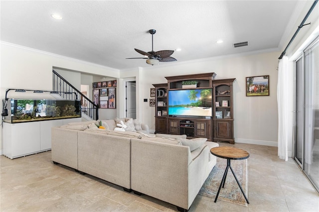 557 Lake Cove Pointe Cir, Winter Garden, FL 34787 - living room featuring a ceiling fan, ornamental molding, stairs, recessed lighting, and baseboards