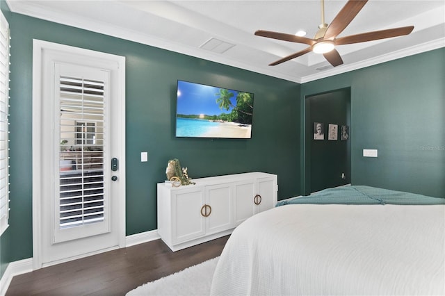 557 Lake Cove Pointe Cir, Winter Garden, FL 34787 - bedroom featuring dark wood-type flooring, crown molding, ceiling fan, and baseboards