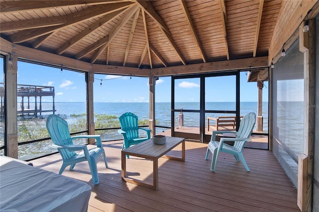 557 Lake Cove Pointe Cir, Winter Garden, FL 34787 - sunroom featuring a water view and beamed ceiling
