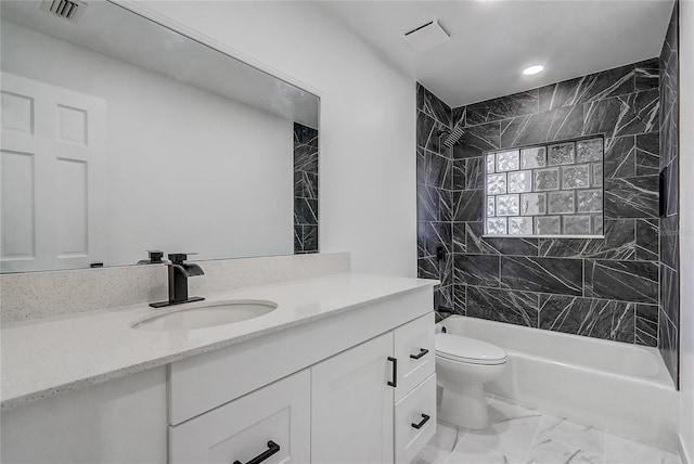 3100 Las Palmas Dr, Titusville, FL 32780 - full bath with marble look tiles, toilet, vanity, washtub / shower combination, and recessed lighting