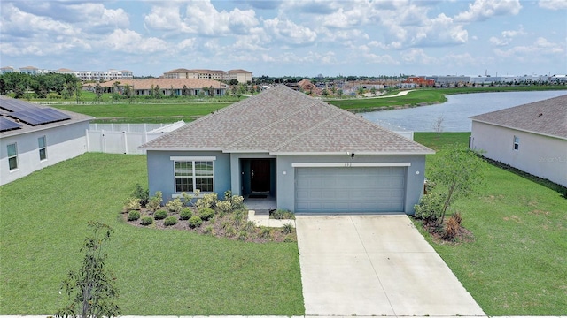 ranch-style house featuring roof with shingles, stucco siding, a garage, driveway, and a water view