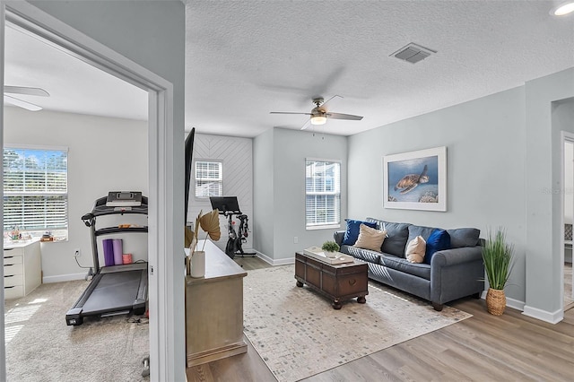 1123 Dora Parc Ln, Mount Dora, FL 32757 - living room featuring a ceiling fan, baseboards, healthy amount of natural light, and a textured ceiling