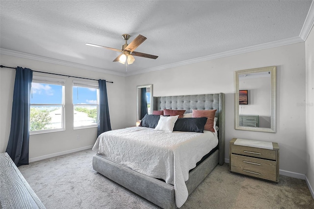 1123 Dora Parc Ln, Mount Dora, FL 32757 - bedroom with light carpet, baseboards, ornamental molding, a textured ceiling, and ceiling fan