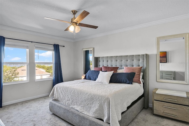 1123 Dora Parc Ln, Mount Dora, FL 32757 - bedroom with light carpet, baseboards, ornamental molding, ceiling fan, and a textured ceiling