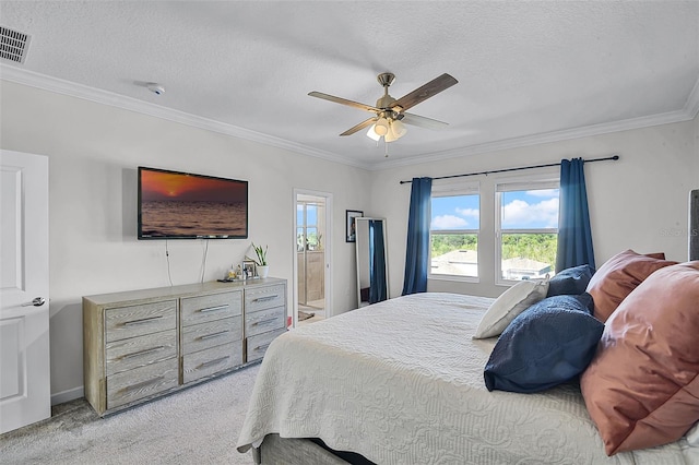 1123 Dora Parc Ln, Mount Dora, FL 32757 - bedroom with light colored carpet, ornamental molding, a textured ceiling, ensuite bath, and ceiling fan