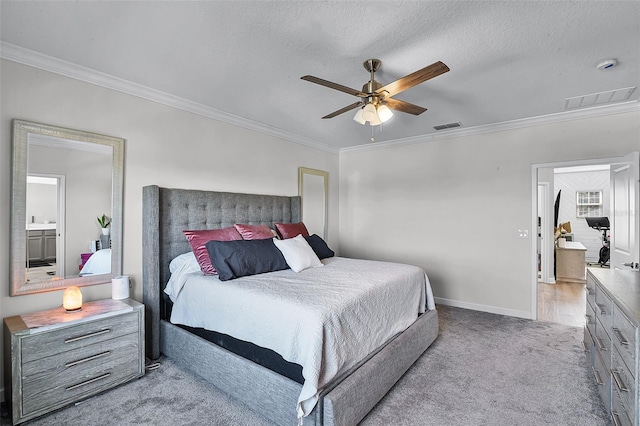 1123 Dora Parc Ln, Mount Dora, FL 32757 - carpeted bedroom featuring crown molding, baseboards, a textured ceiling, and ceiling fan