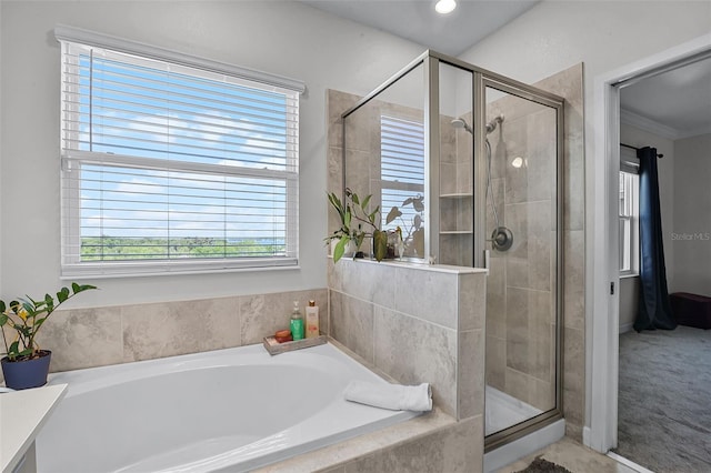 1123 Dora Parc Ln, Mount Dora, FL 32757 - bathroom featuring a shower stall, a garden tub, and ornamental molding