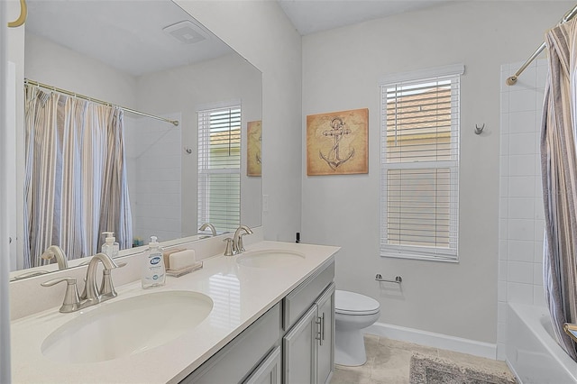 1123 Dora Parc Ln, Mount Dora, FL 32757 - full bathroom with toilet, shower / bath combination with curtain, baseboards, double vanity, and tile patterned floors