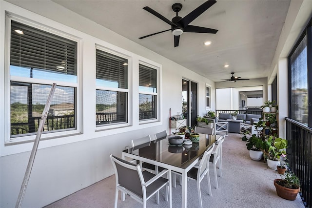 1123 Dora Parc Ln, Mount Dora, FL 32757 - sunroom / solarium featuring an outdoor hangout area, carpet floors, ceiling fan, outdoor dining area, and recessed lighting