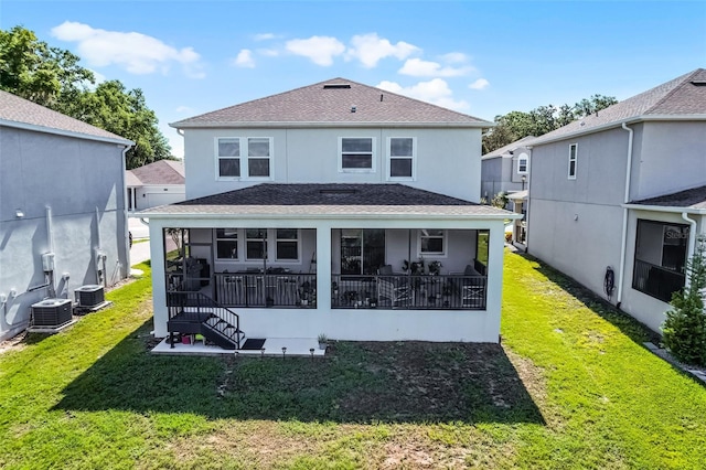 1123 Dora Parc Ln, Mount Dora, FL 32757 - back of property with cooling unit, a yard, stucco siding, and a shingled roof