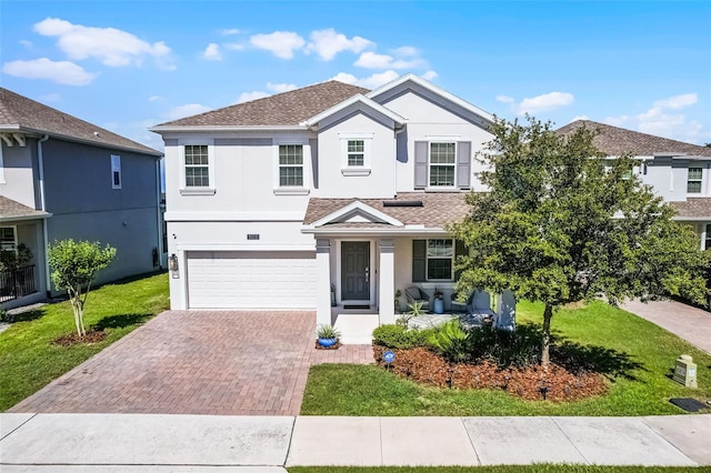 1123 Dora Parc Ln, Mount Dora, FL 32757 - view of front of property with stucco siding, a garage, decorative driveway, a front yard, and a shingled roof