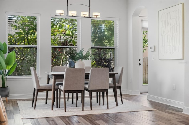 8692 Tavistock Lakes Blvd, Orlando, FL 32827 - dining area featuring arched walkways, wood finished floors, and plenty of natural light