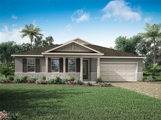 single story home with stone siding and stucco siding