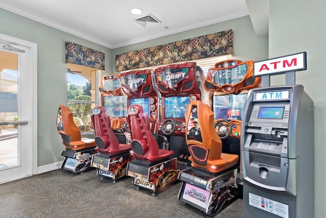playroom featuring ornamental molding and carpet flooring