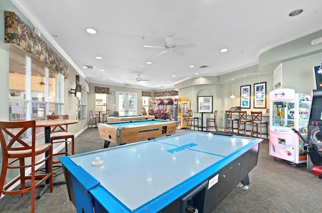 game room featuring dark colored carpet, crown molding, recessed lighting, ceiling fan, and billiards