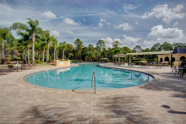community pool with a patio and view of scattered trees