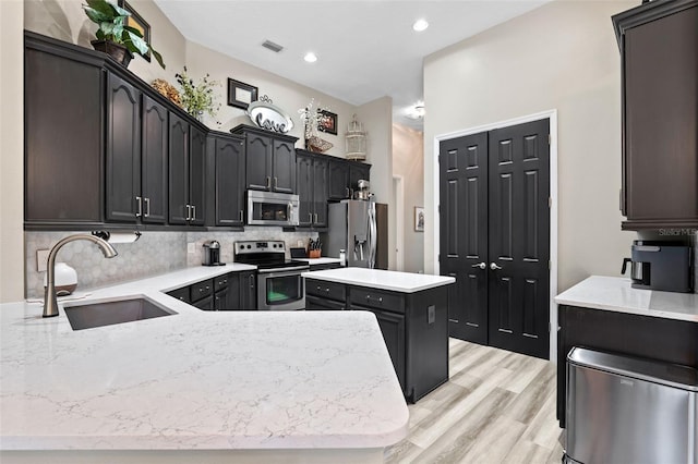 kitchen with stainless steel appliances, a sink, backsplash, light wood-style flooring, and a center island