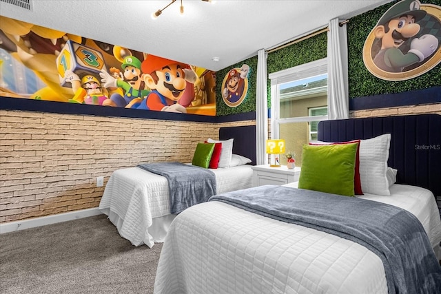 carpeted bedroom with brick wall
