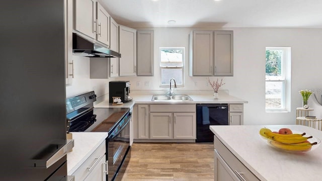 6690 E Lowden St, Inverness, FL 34452 - kitchen featuring black appliances, under cabinet range hood, a sink, light wood-type flooring, and light countertops