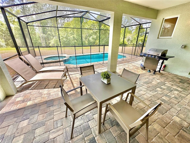 view of patio / terrace with a grill, a lanai, a pool with connected hot tub, and outdoor dining area