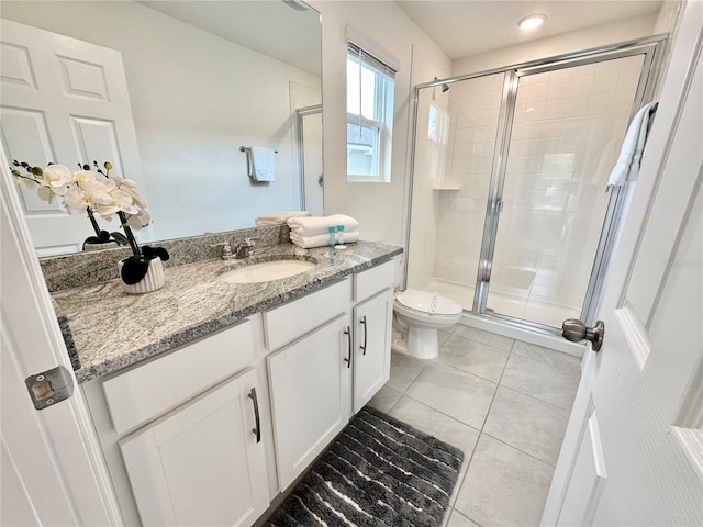 full bath with a shower stall, toilet, vanity, and tile patterned flooring