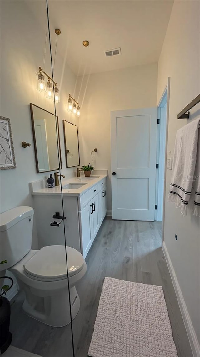 bathroom featuring wood finished floors, toilet, double vanity, and baseboards