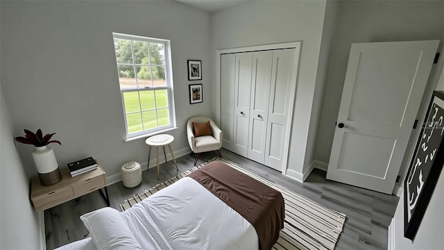 bedroom featuring wood finished floors, baseboards, and a closet