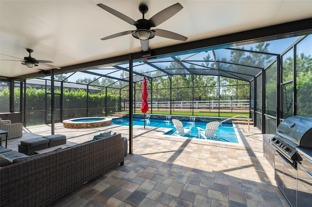 15420 Southern Martin St, Winter Garden, FL 34787 - view of swimming pool with ceiling fan, area for grilling, a pool with connected hot tub, and a patio area